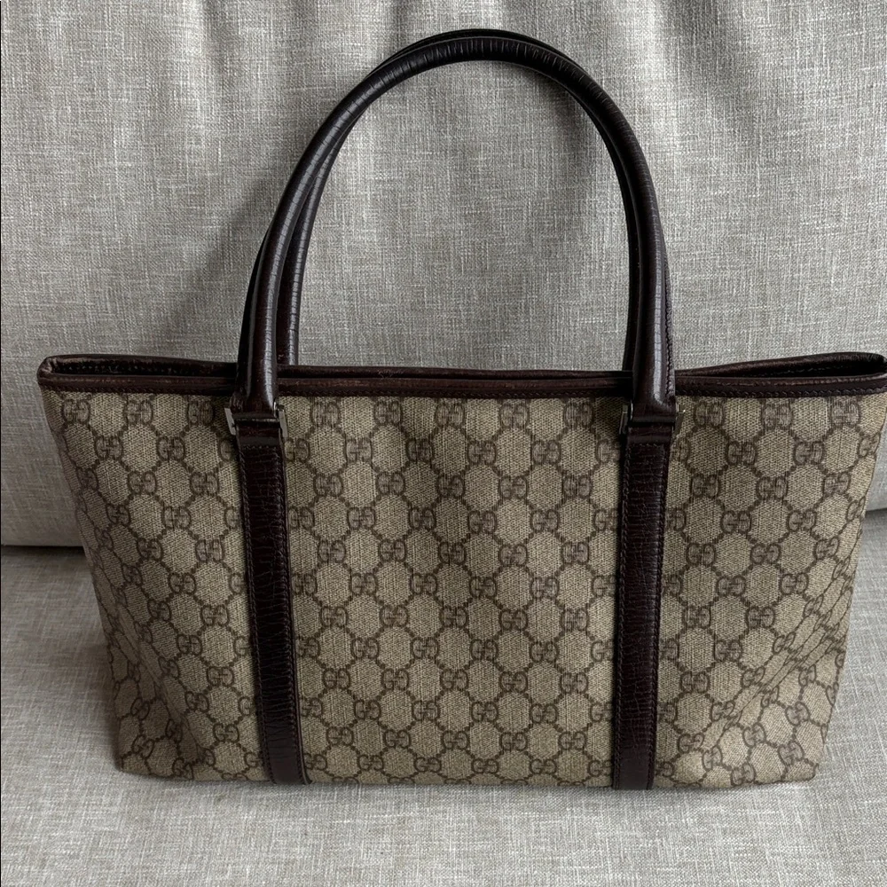 Gucci Beige Monogram Canvas Tote with Dark Brown Leather Accent - Picture 3 of 7